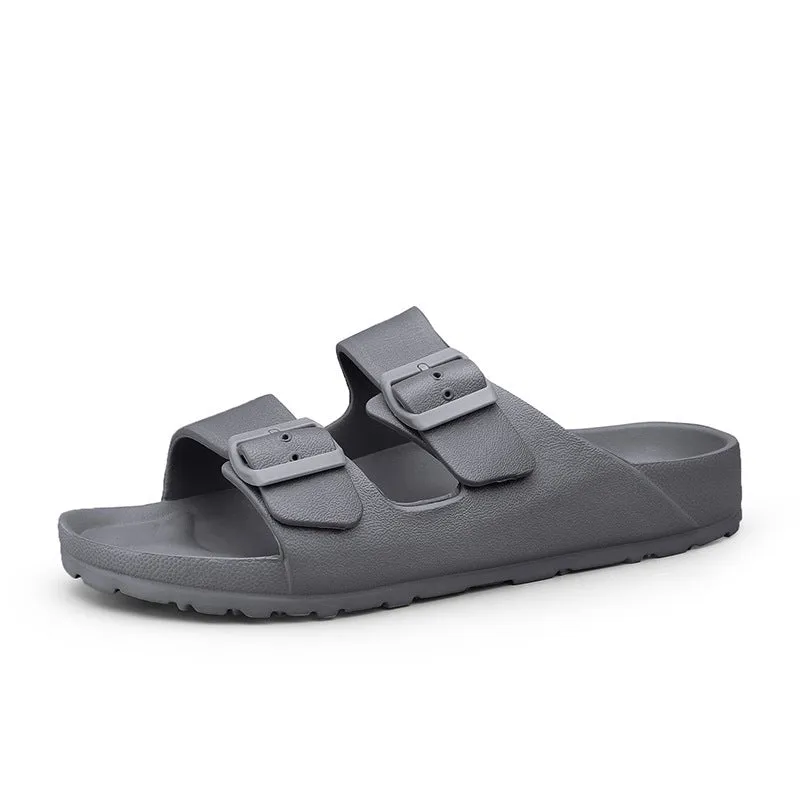 Men's unisex grey EVA sandals with soft sole and open toe design on a light background