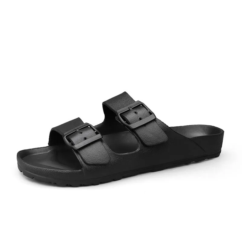 Men's unisex grey EVA sandals with soft sole and open toe design on a light background