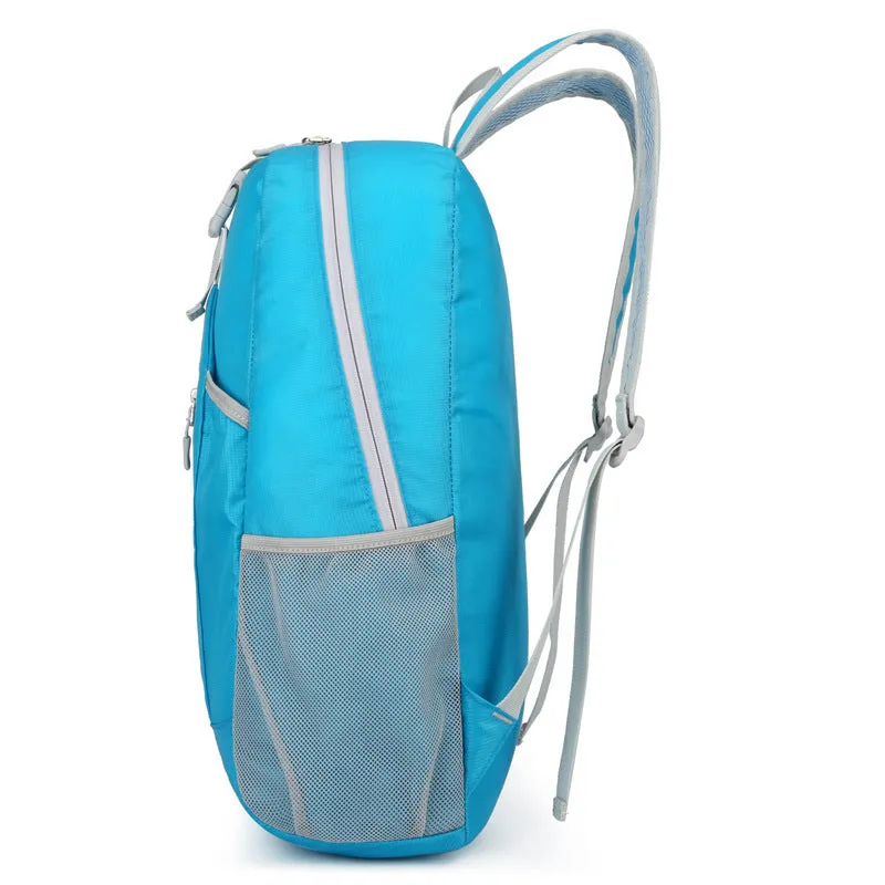 Waterproof Oxford cloth hiking backpack in blue with curved shoulder strap