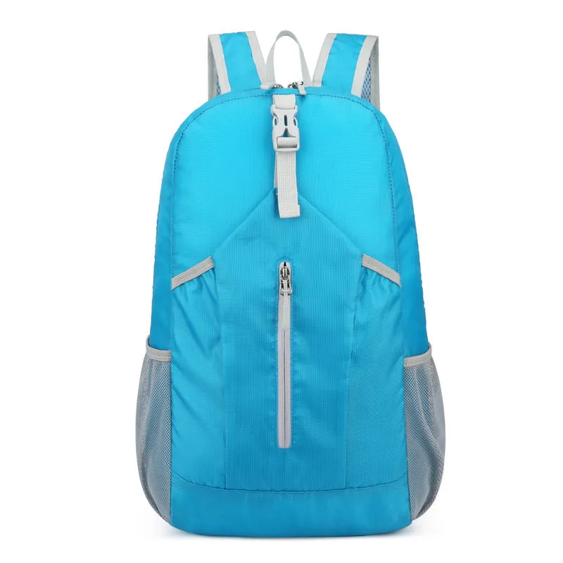 Waterproof Oxford cloth hiking backpack in blue with curved shoulder strap