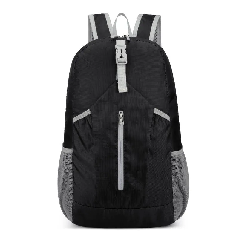 Waterproof Oxford cloth hiking backpack in blue with curved shoulder strap
