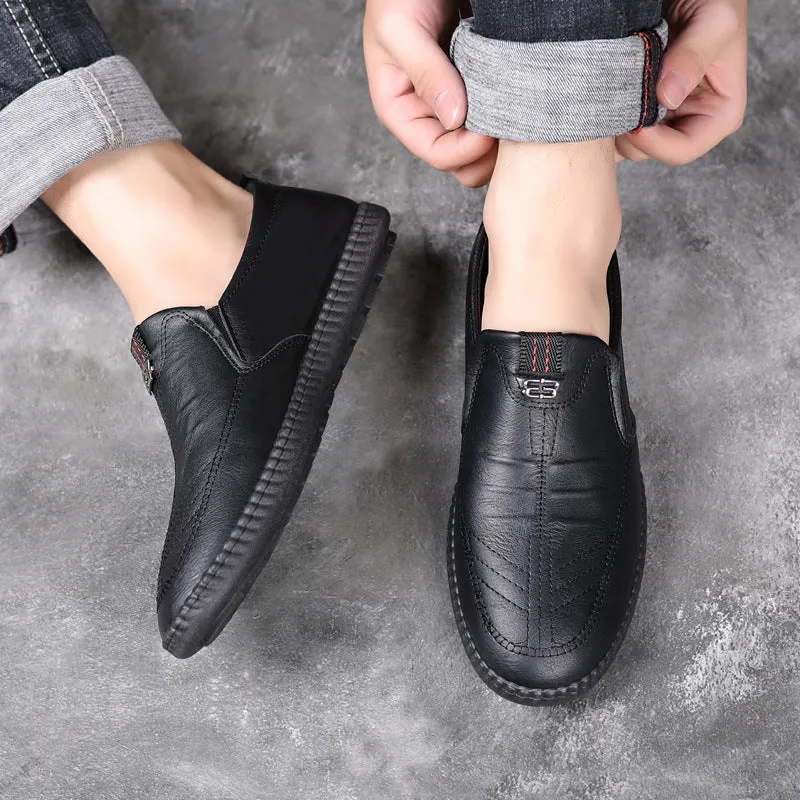 Men's casual solid colour low top leather shoes with round toe, available in black and brown sizes 39-44
