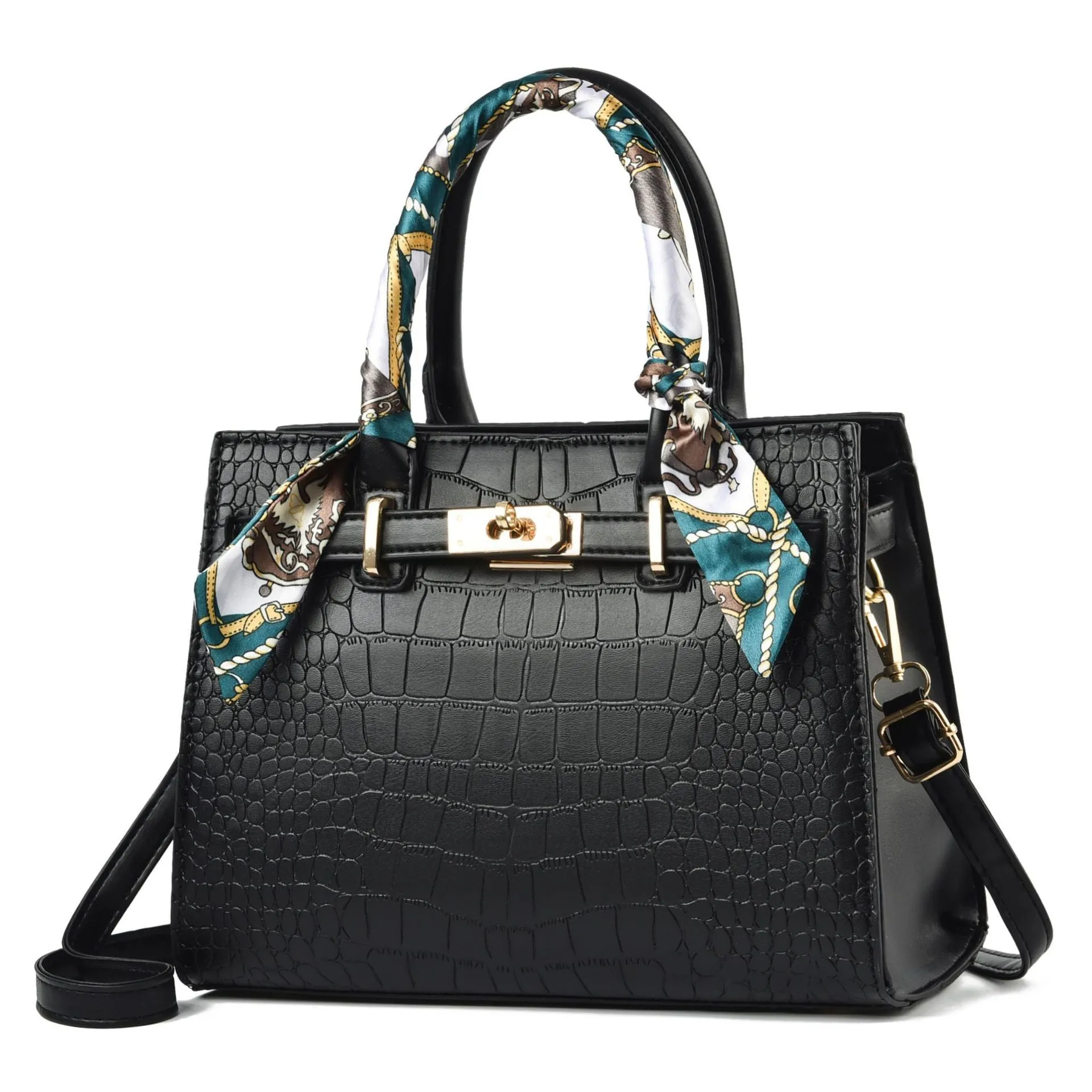 Fashion women's large capacity PU shoulder bag in black with matching green scarf, horizontal square shape, slit pocket outer bag