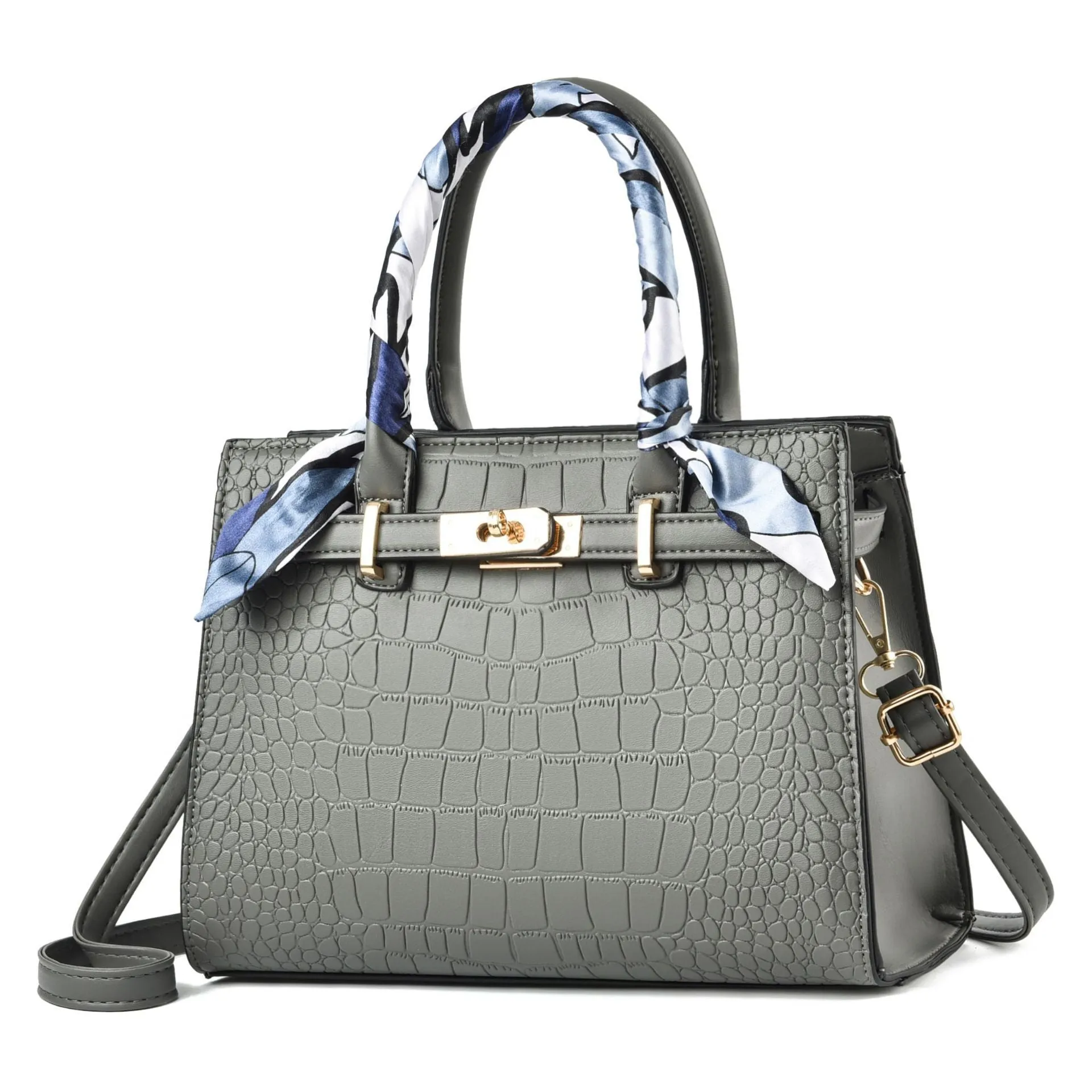 Fashion women's large capacity PU shoulder bag in black with matching green scarf, horizontal square shape, slit pocket outer bag