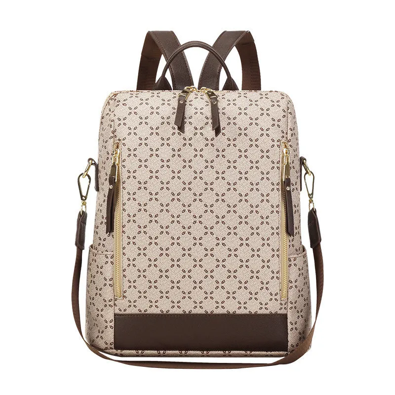 Large capacity retro crossbody backpack with floral print in brown, waterproof PVC material, anti-theft design for travel