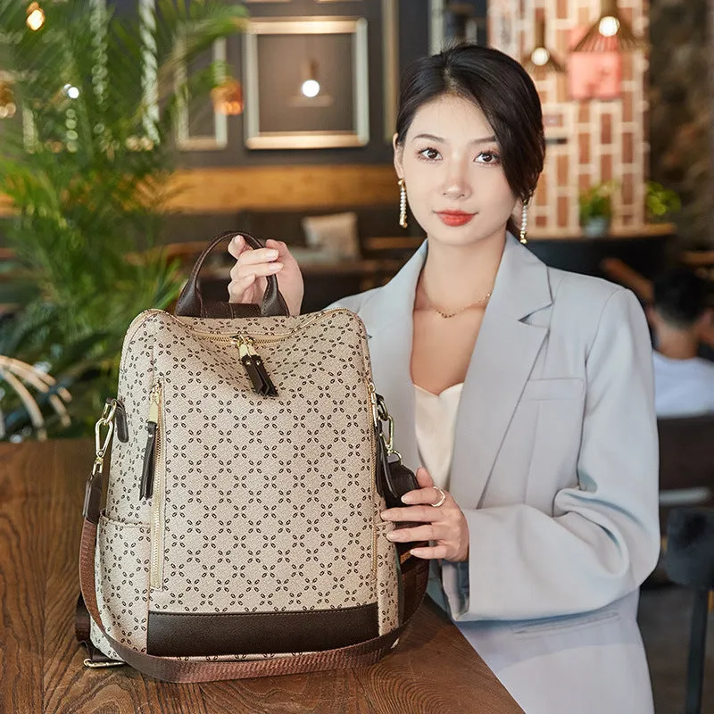 Large capacity retro crossbody backpack with floral print in brown, waterproof PVC material, anti-theft design for travel