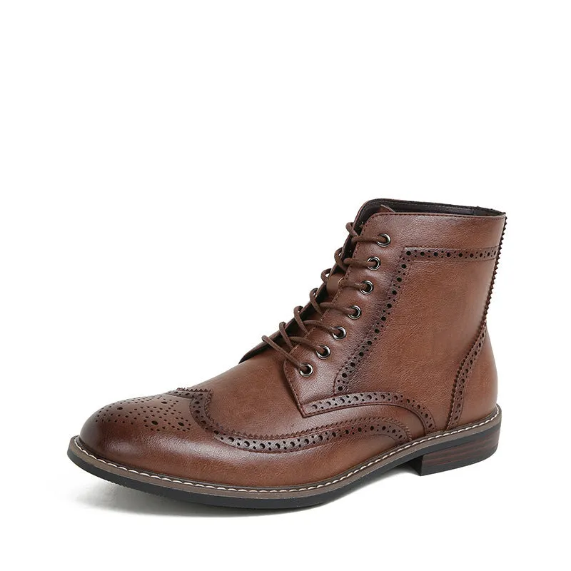 Retro high-top men's work ankle boots in black and light brown with rubber and PU construction