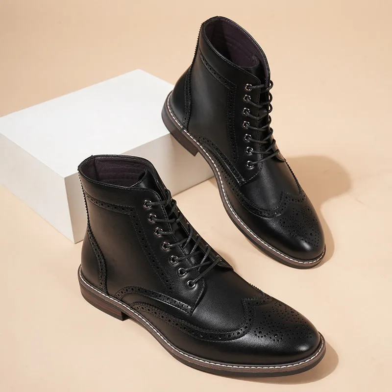 Retro high-top men's work ankle boots in black and light brown with rubber and PU construction