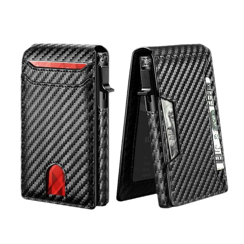 Men's flip wallet card holder in carbon fibre colour with sewing thread details and card clamp