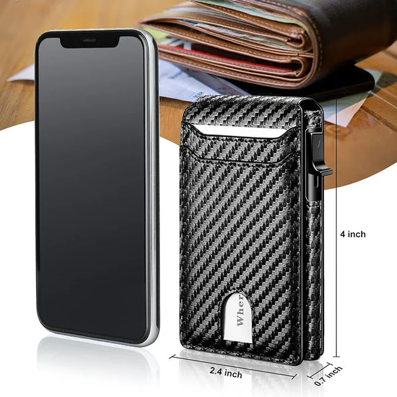 Men's flip wallet card holder in carbon fibre colour with sewing thread details and card clamp
