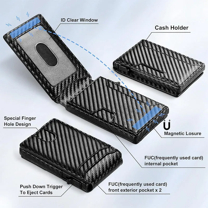 Men's flip wallet card holder in carbon fibre colour with sewing thread details and card clamp