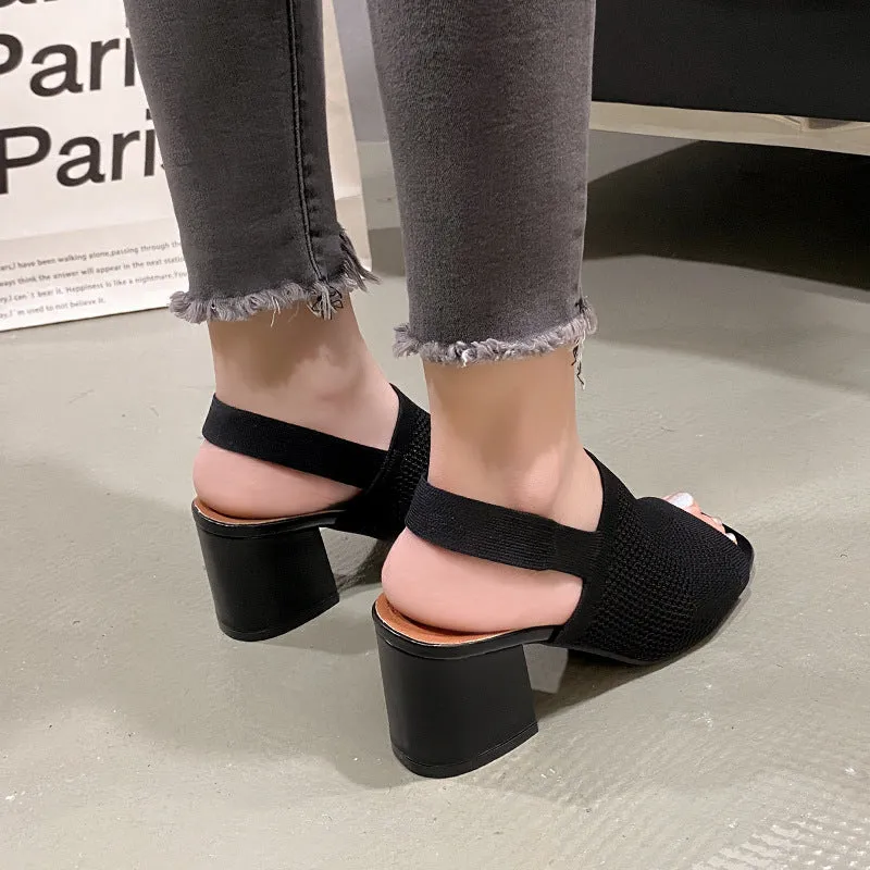 Women's chunky heel sandals in black woven mesh with square toe and rubber sole