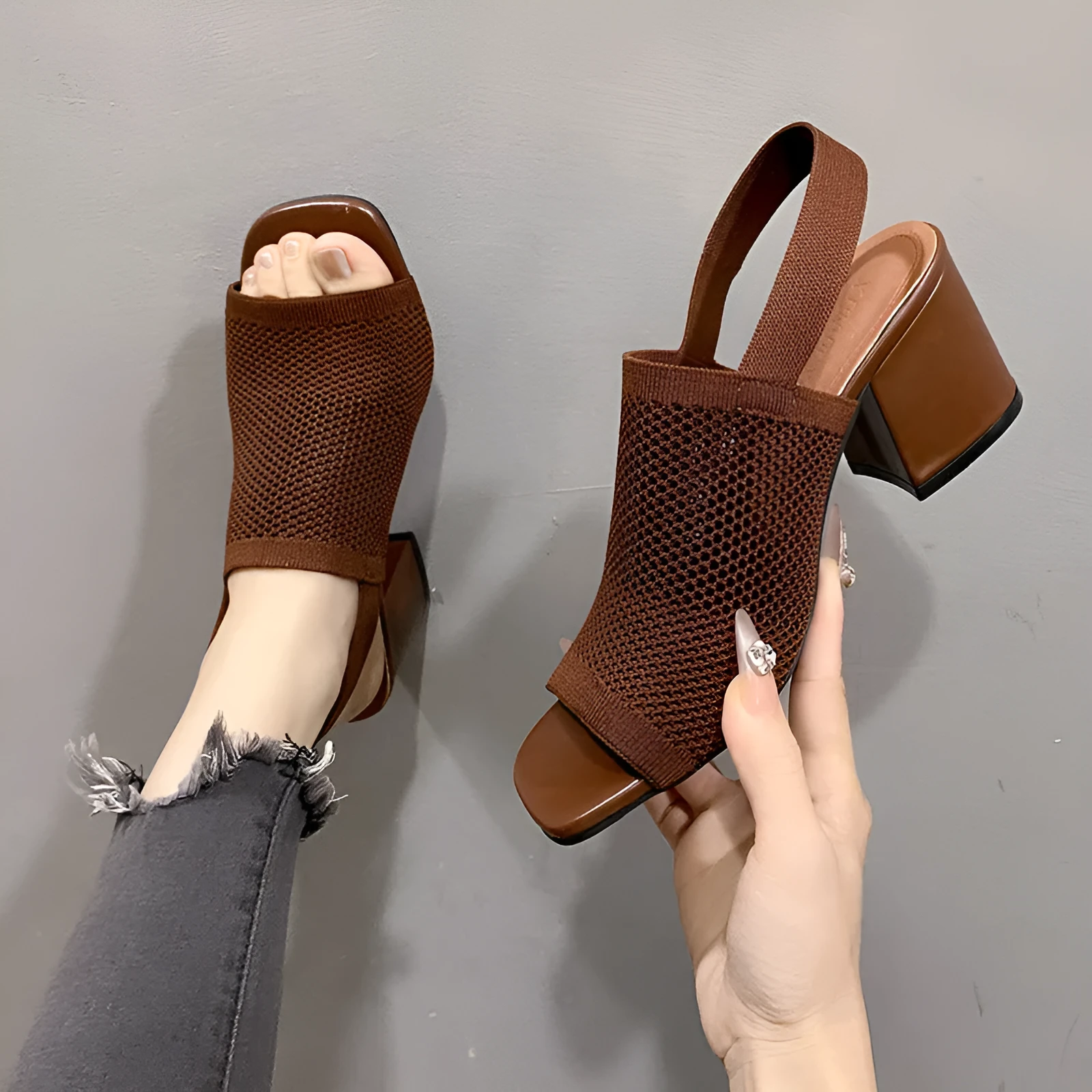 Women's chunky heel sandals in black woven mesh with square toe and rubber sole