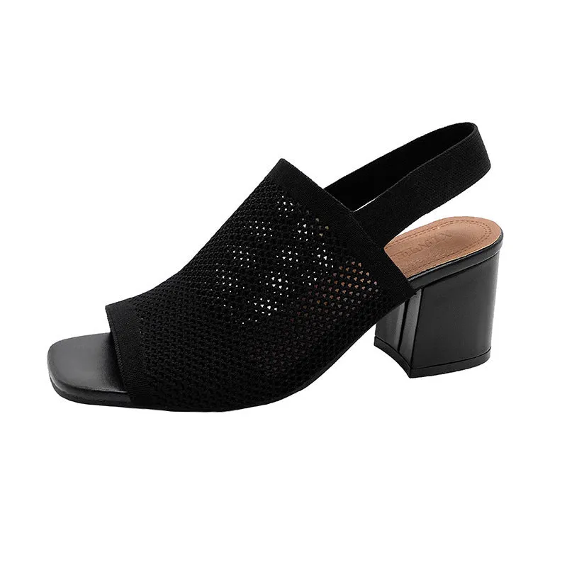 Women's chunky heel sandals in black woven mesh with square toe and rubber sole