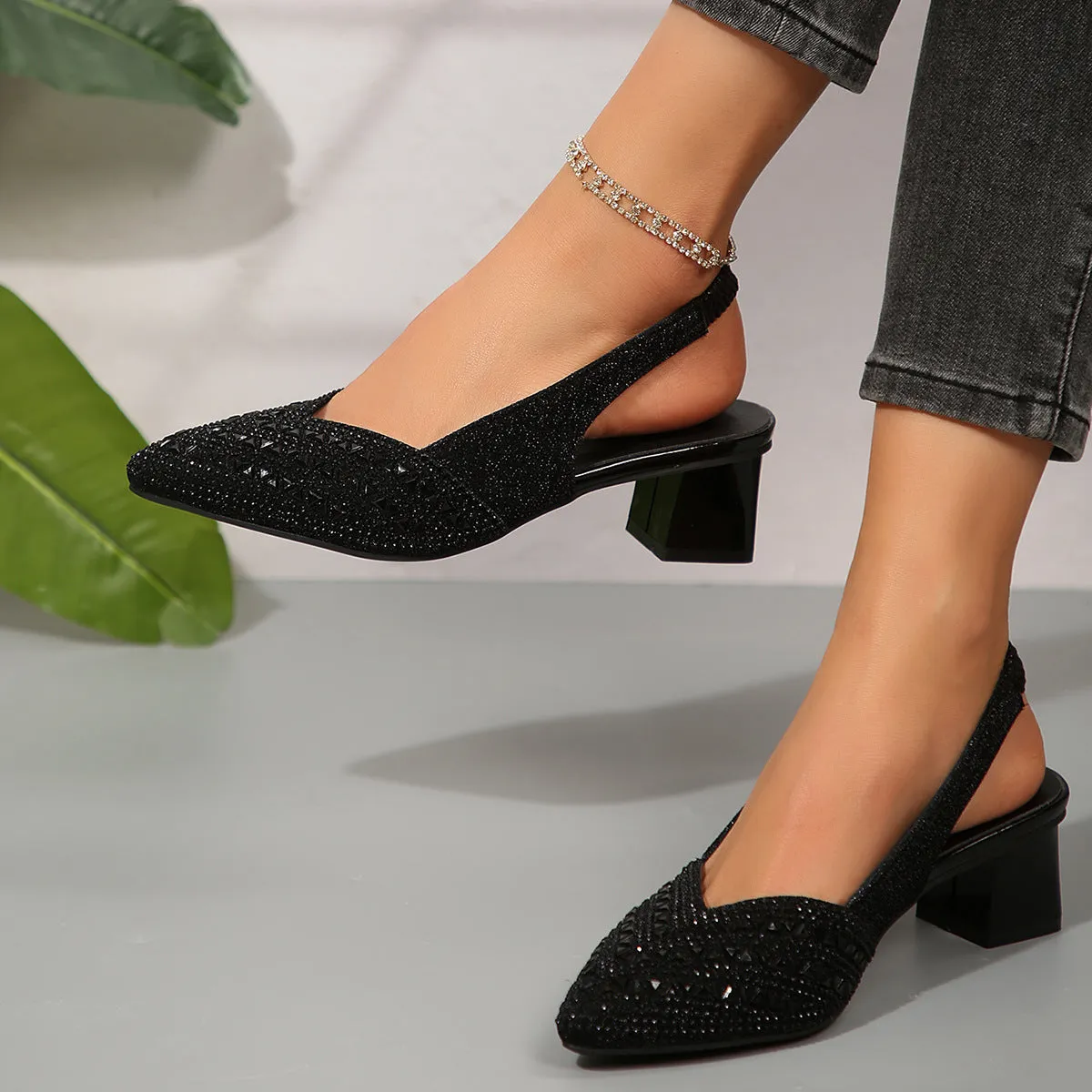 Women's plus size rhinestone pointed toe low heel shoes in champagne, side view