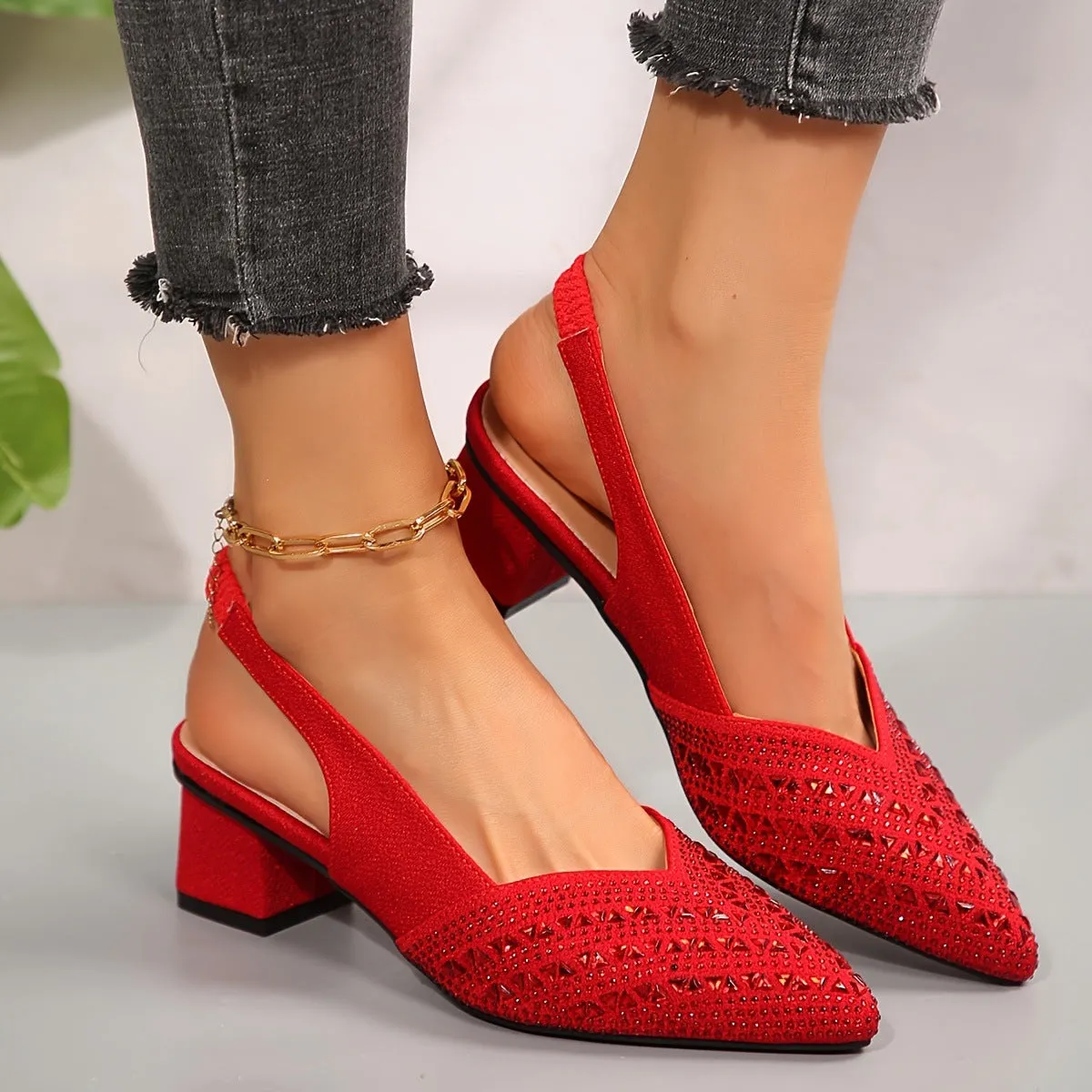 Women's plus size rhinestone pointed toe low heel shoes in champagne, side view
