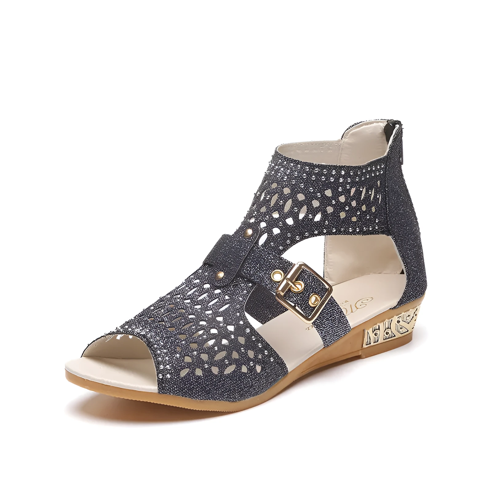 Women's beige flat sandals with back zipper and low wedge heel on a white background.