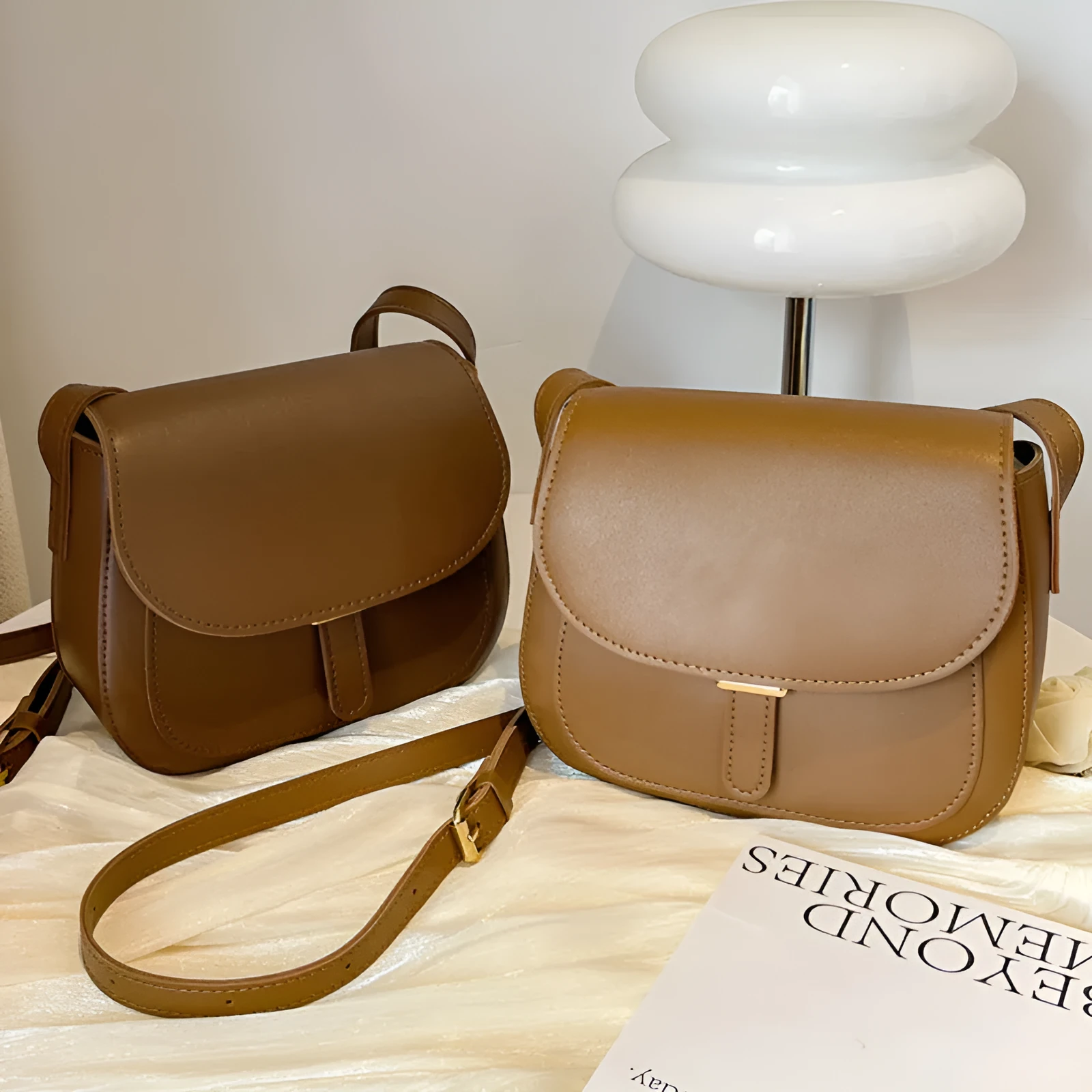 Women's small square PU crossbody bag in brown, horizontal shape, urban simplicity style