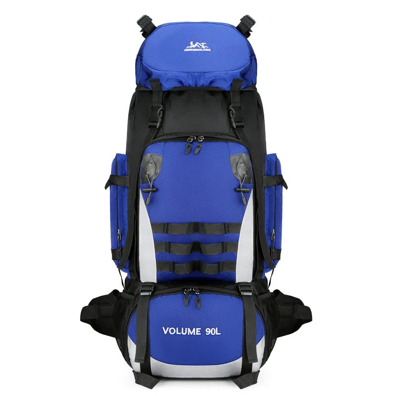 90L large capacity waterproof outdoor travel backpack for men in black, blue, and camouflage