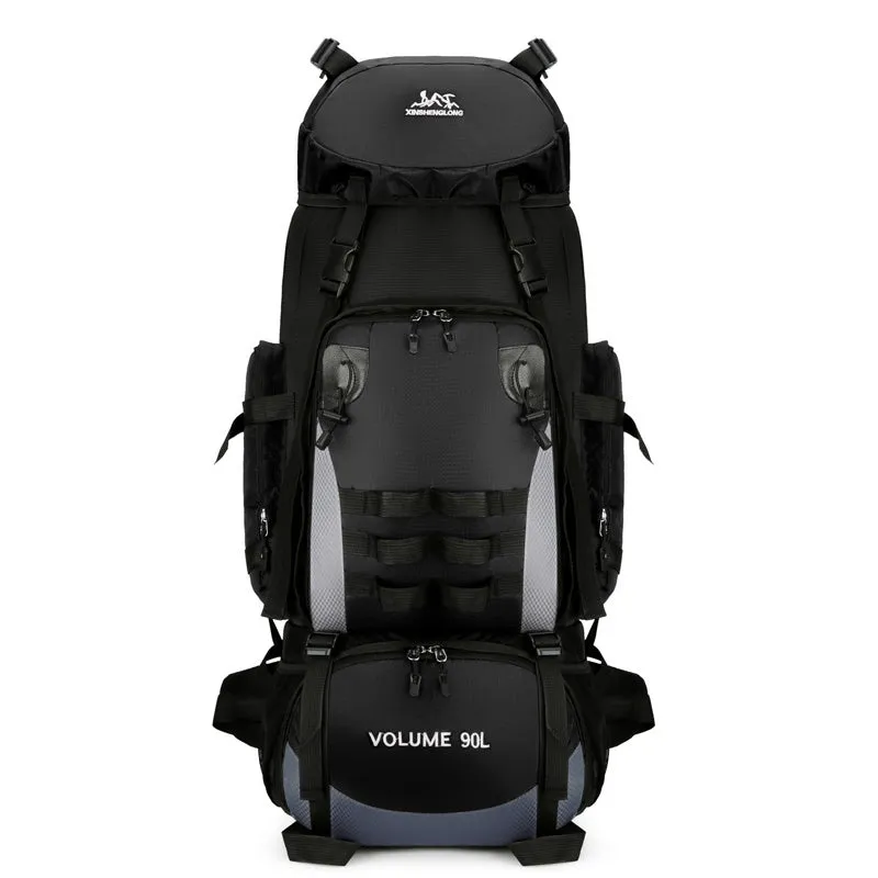 90L large capacity waterproof outdoor travel backpack for men in black, blue, and camouflage