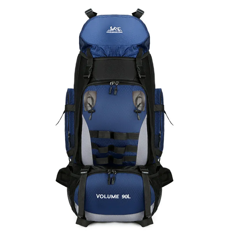 90L large capacity waterproof outdoor travel backpack for men in black, blue, and camouflage