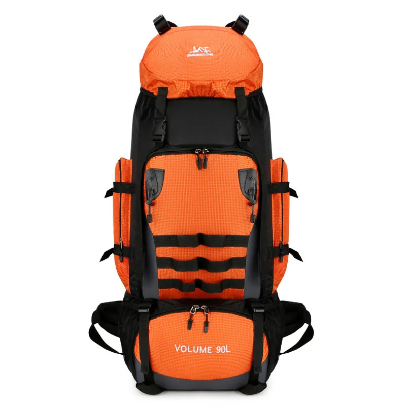 90L large capacity waterproof outdoor travel backpack for men in black, blue, and camouflage