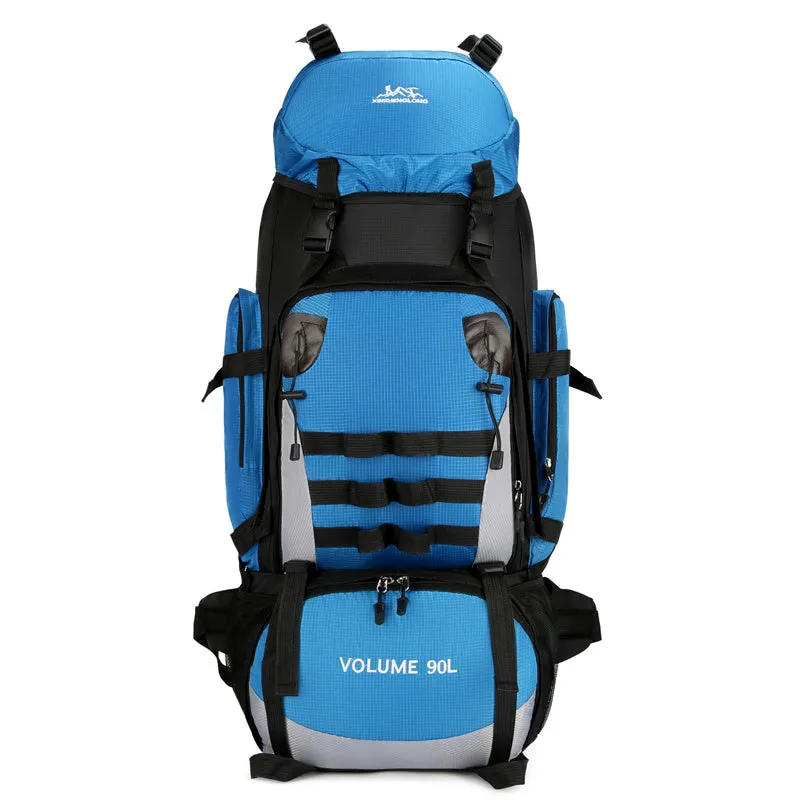 90L large capacity waterproof outdoor travel backpack for men in black, blue, and camouflage