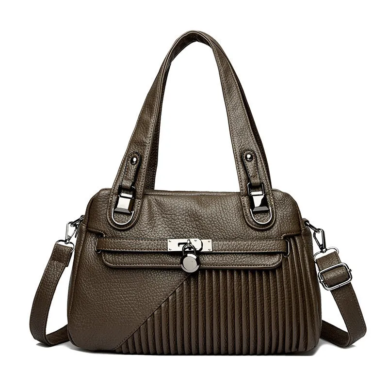 Women's PU leather shoulder crossbody bag in horizontal square shape with fold and stitching details, eight colour options