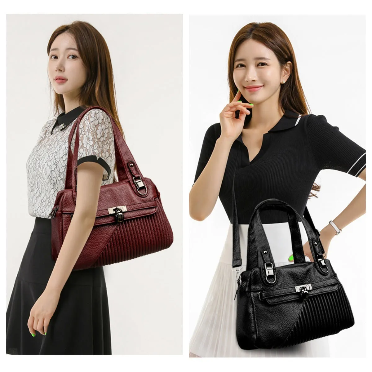 Women's PU leather shoulder crossbody bag in horizontal square shape with fold and stitching details, eight colour options