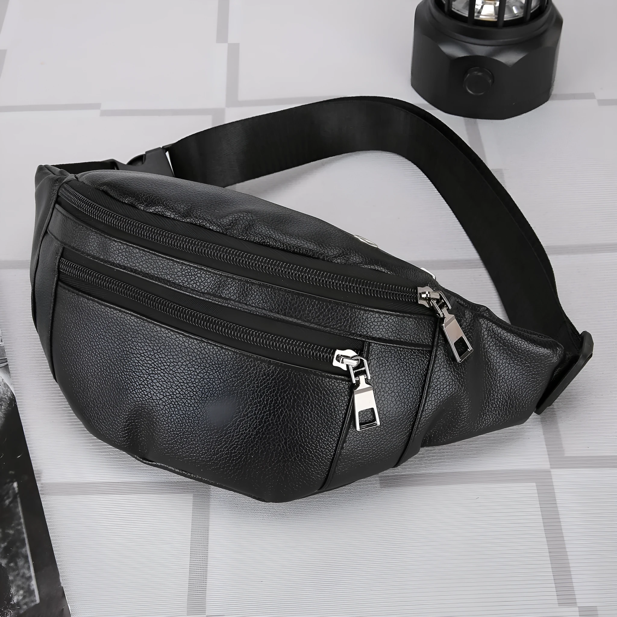 Men's business casual large capacity crossbody bag in Black, waterproof PU, 20x12x34cm
