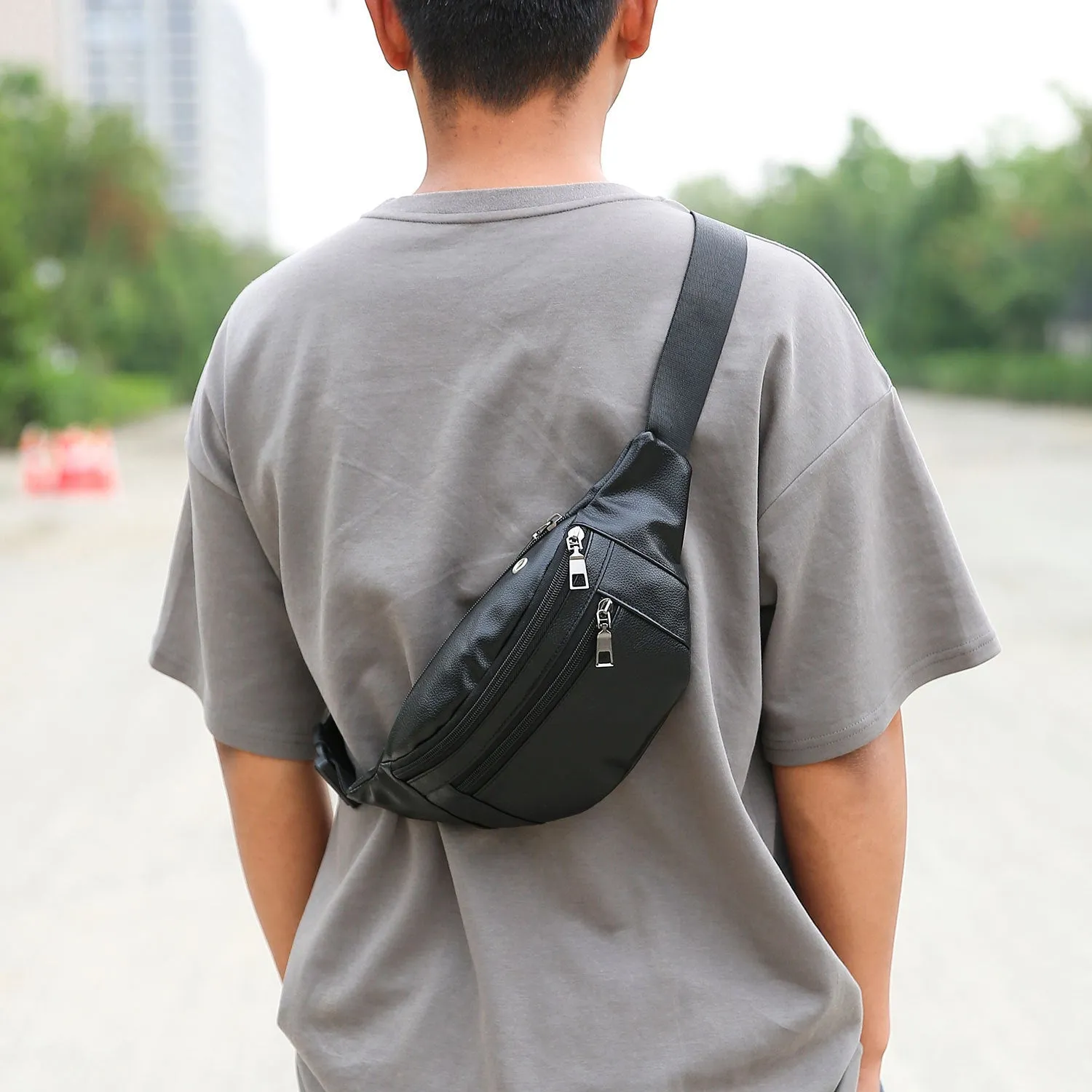 Men's business casual large capacity crossbody bag in Black, waterproof PU, 20x12x34cm