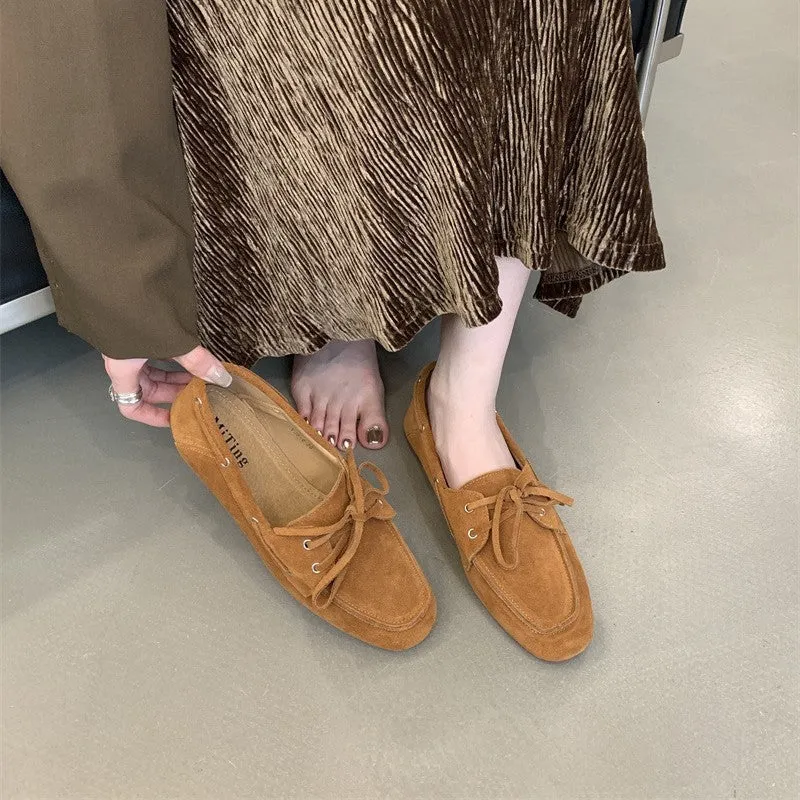 Solid colour retro round head low heel pump shoes for women, thick heel, shallow mouth, available in brown, green, khaki, yellow