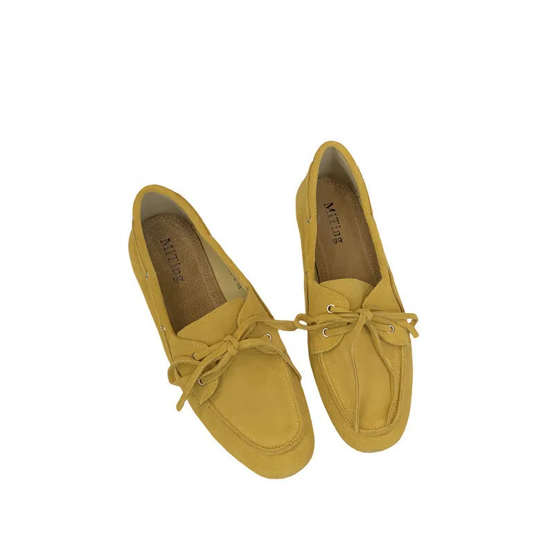 Solid colour retro round head low heel pump shoes for women, thick heel, shallow mouth, available in brown, green, khaki, yellow