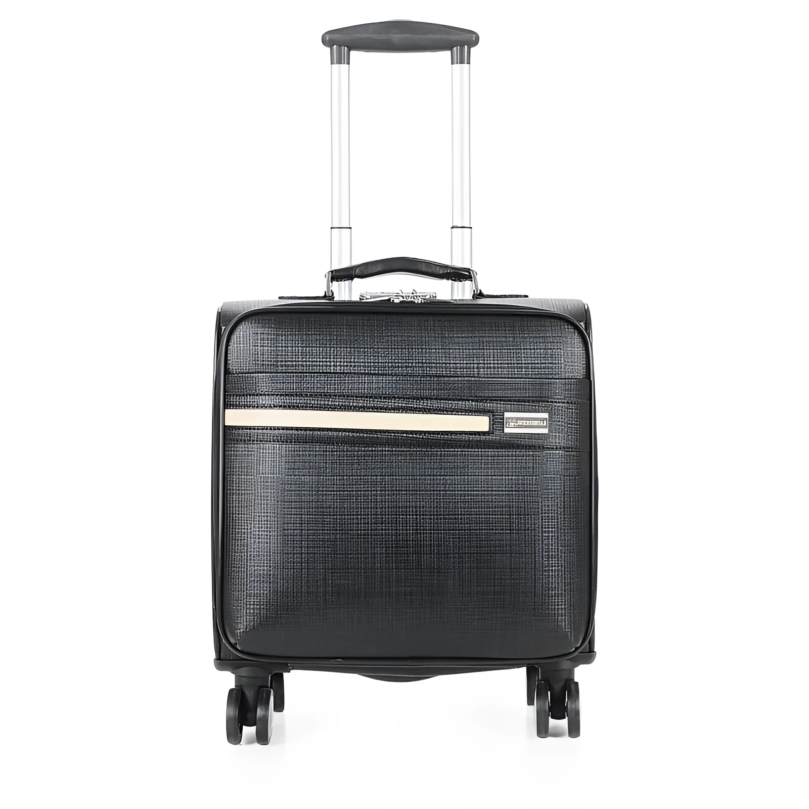 Black PU leather rolling business case with telescopic handle and airplane wheels