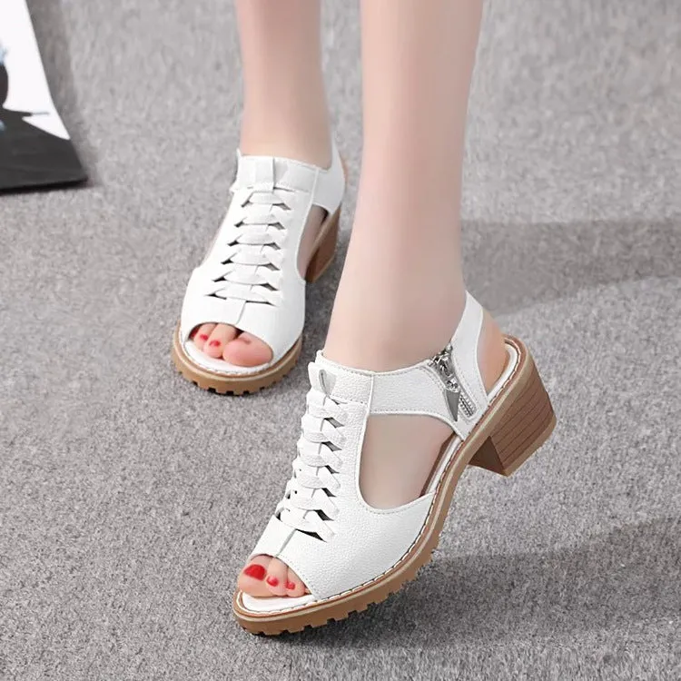 Women's retro pure colour sandals with side zipper and middle heel on beef tendon sole.