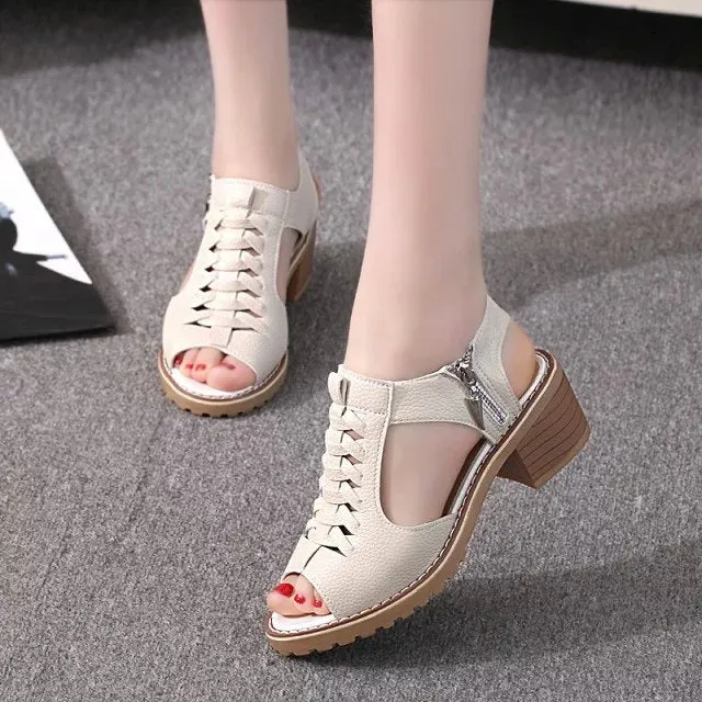 Women's retro pure colour sandals with side zipper and middle heel on beef tendon sole.