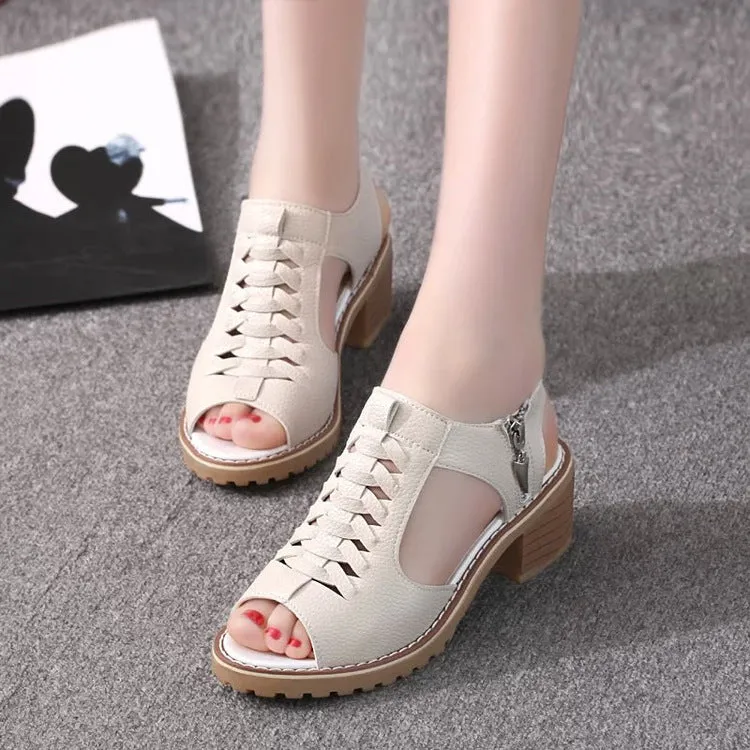 Women's retro pure colour sandals with side zipper and middle heel on beef tendon sole.
