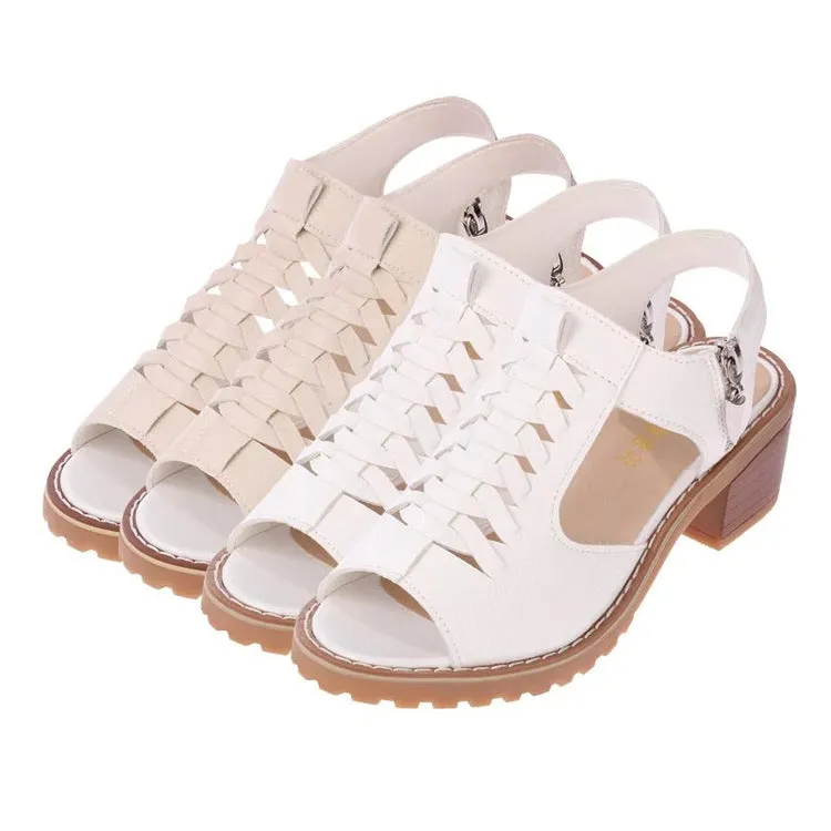 Women's retro pure colour sandals with side zipper and middle heel on beef tendon sole.