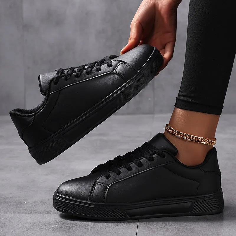 Flat bottom comfort board Korean leather casual sneakers in White Black K15, mesh lining, rubber sole