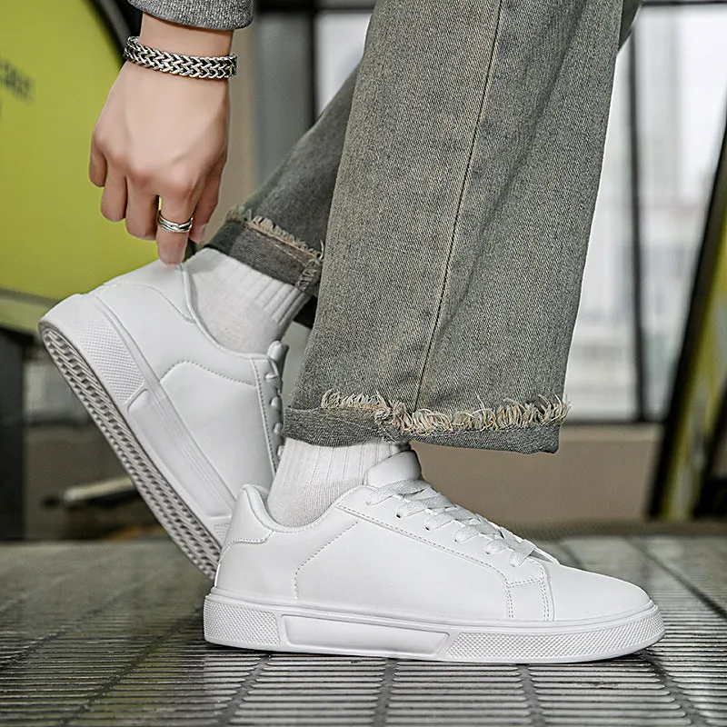 Flat bottom comfort board Korean leather casual sneakers in White Black K15, mesh lining, rubber sole