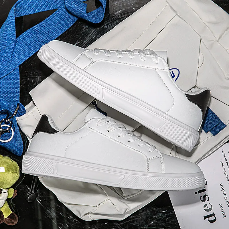 Flat bottom comfort board Korean leather casual sneakers in White Black K15, mesh lining, rubber sole