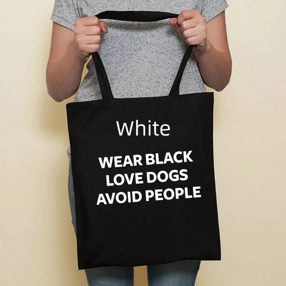 Sausage dog printed canvas bag in black with white dog design on front, sturdy tote for everyday use