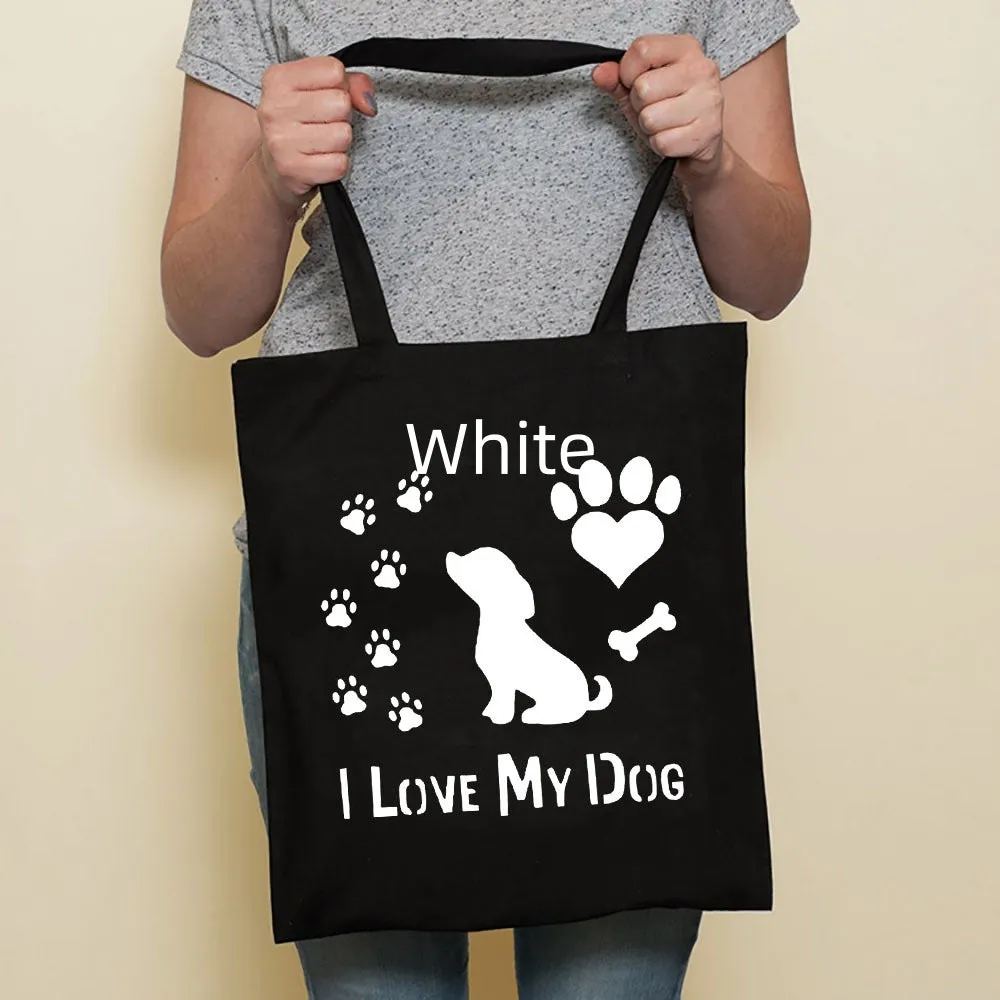 Sausage dog printed canvas bag in black with white dog design on front, sturdy tote for everyday use
