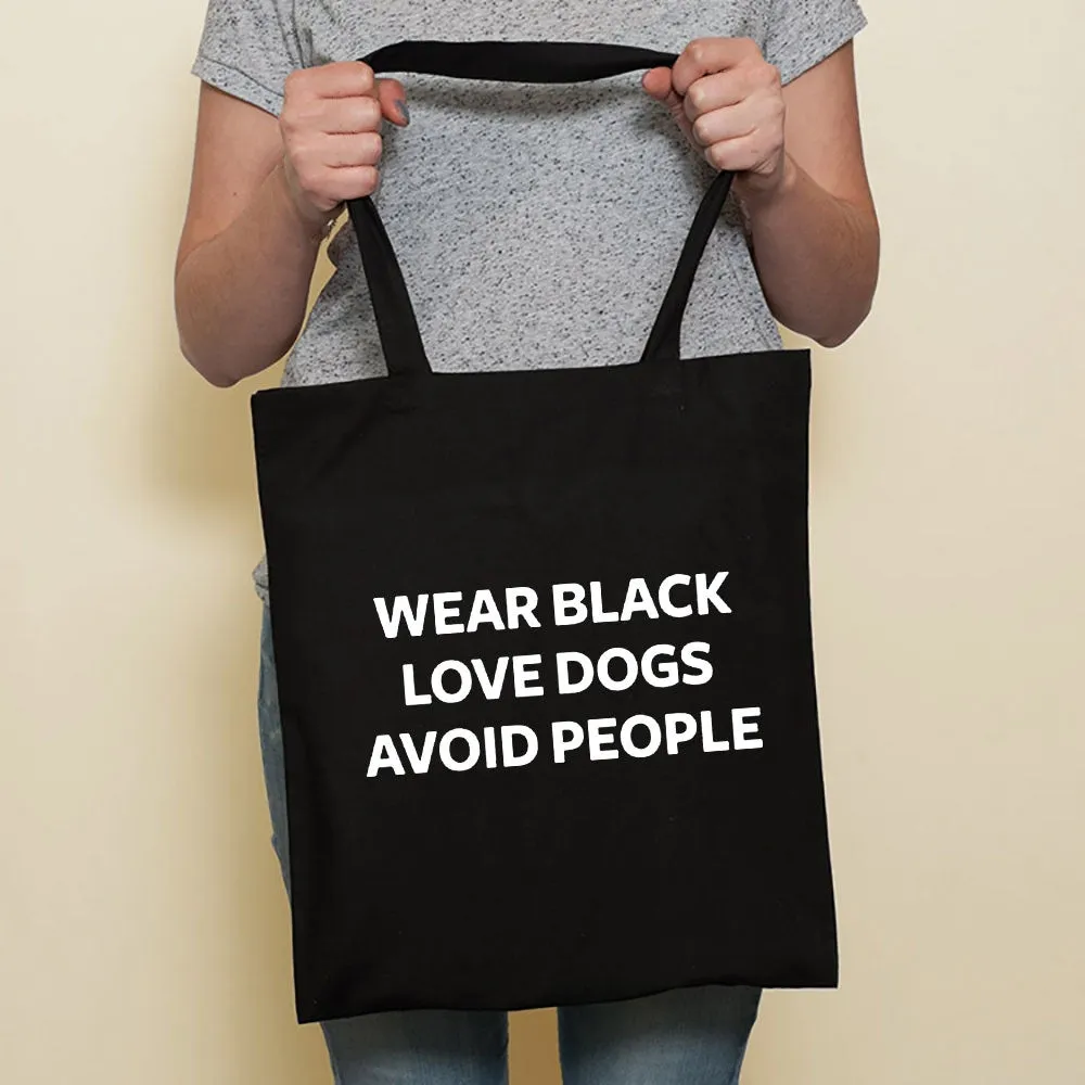 Sausage dog printed canvas bag in black with white dog design on front, sturdy tote for everyday use