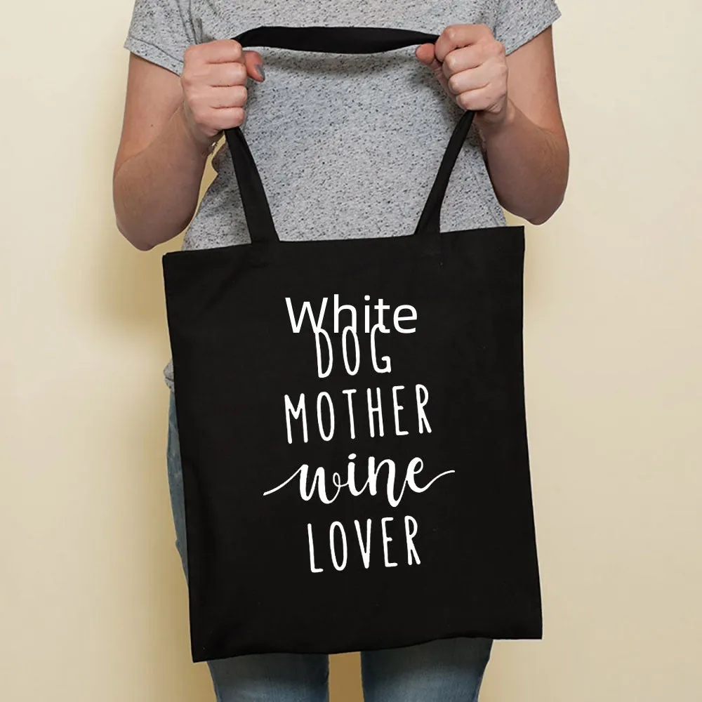 Sausage dog printed canvas bag in black with white dog design on front, sturdy tote for everyday use