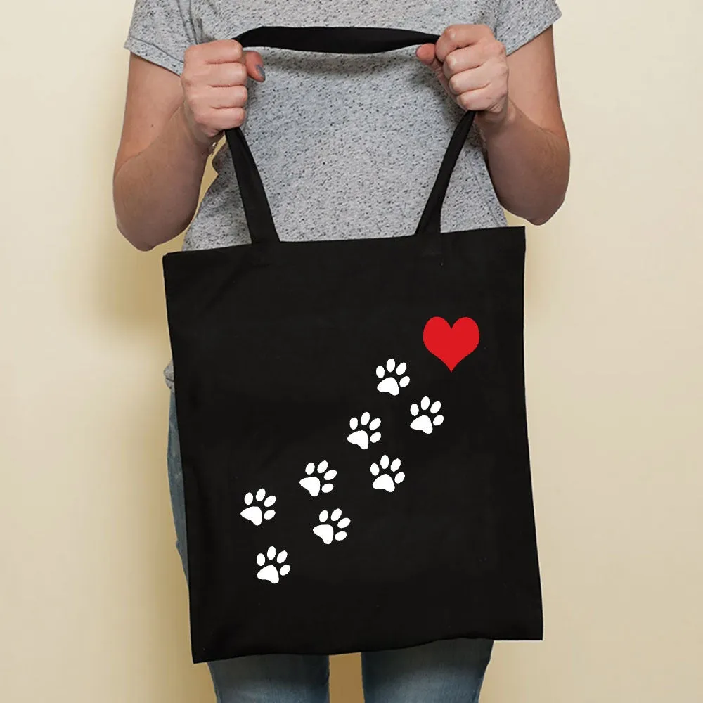 Sausage dog printed canvas bag in black with white dog design on front, sturdy tote for everyday use