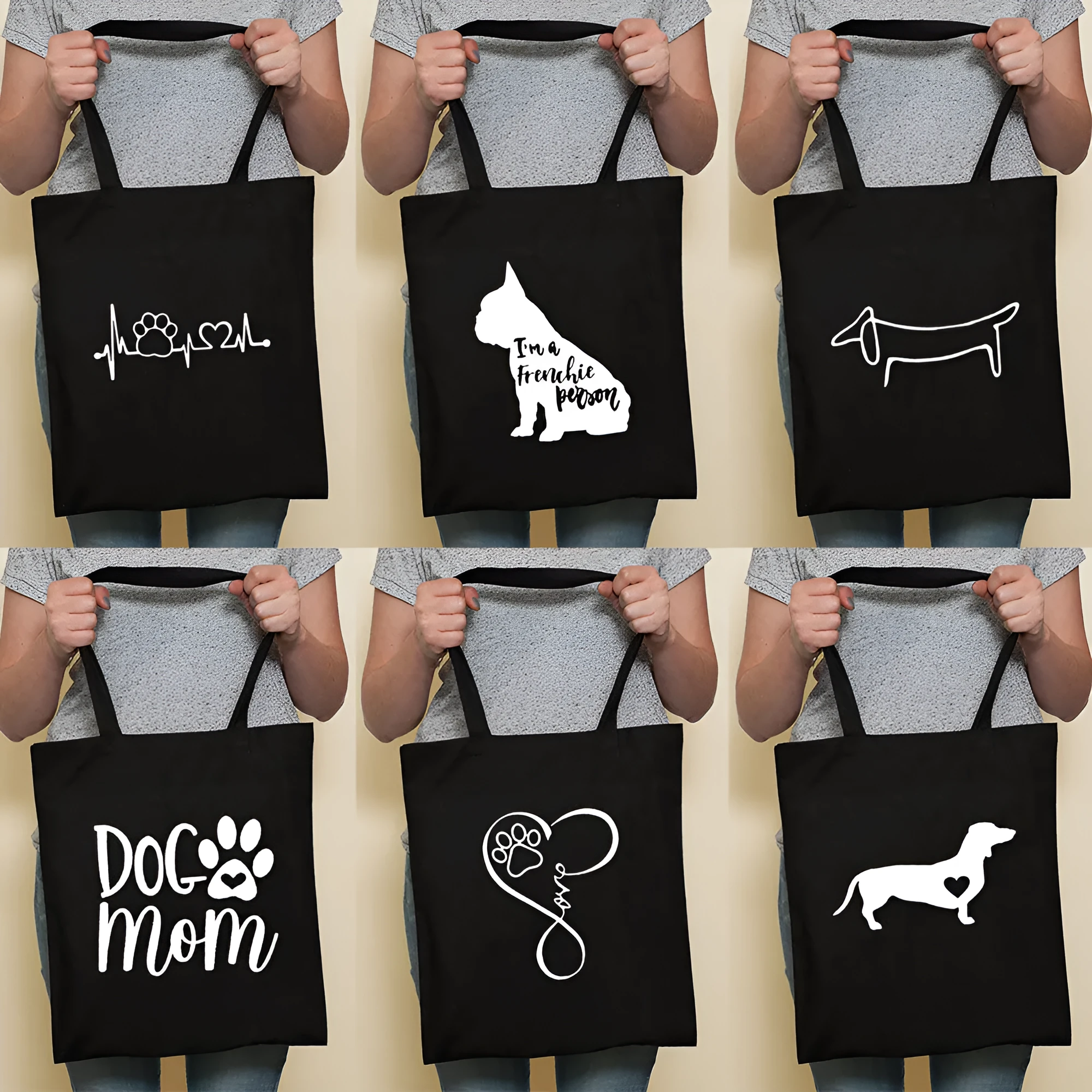 Sausage dog printed canvas bag in black with white dog design on front, sturdy tote for everyday use