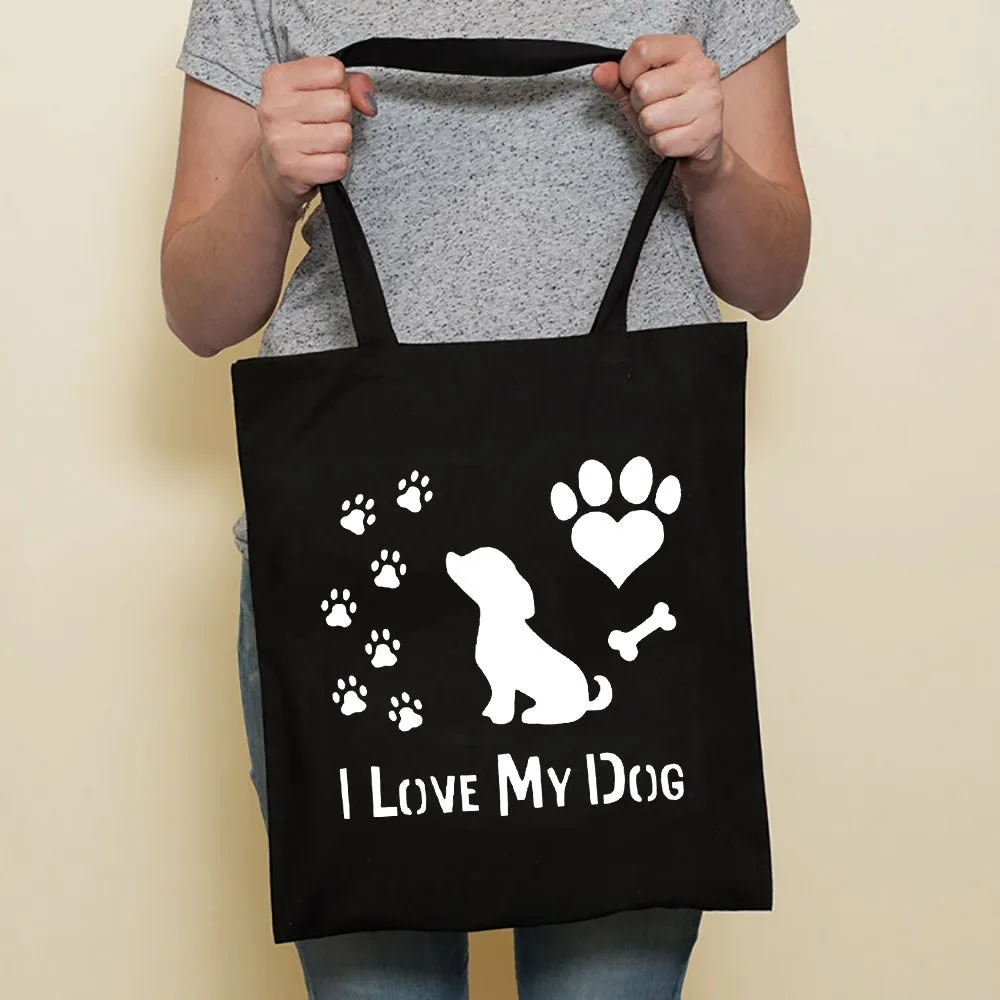 Sausage dog printed canvas bag in black with white dog design on front, sturdy tote for everyday use