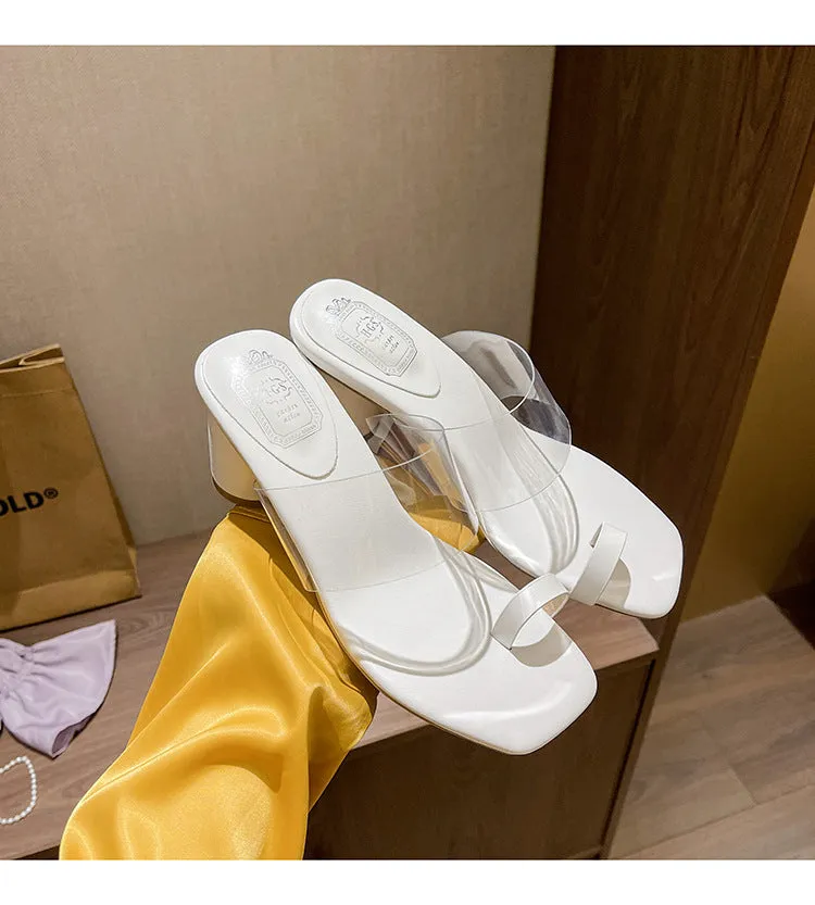 Toe covering transparent ankle-strap chunky heel outdoor slippers in black with black rubber sole and square head design