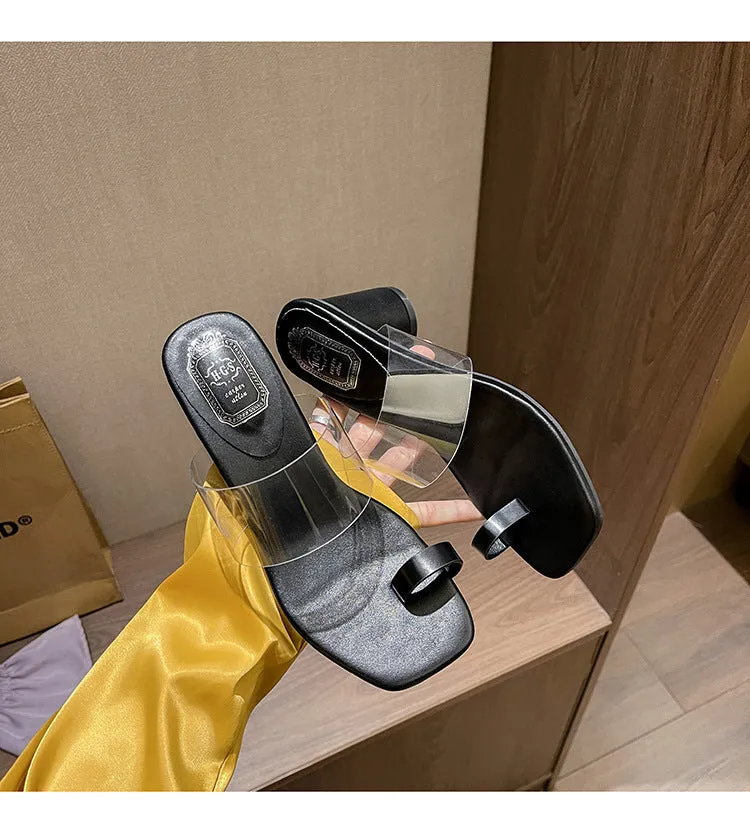 Toe covering transparent ankle-strap chunky heel outdoor slippers in black with black rubber sole and square head design